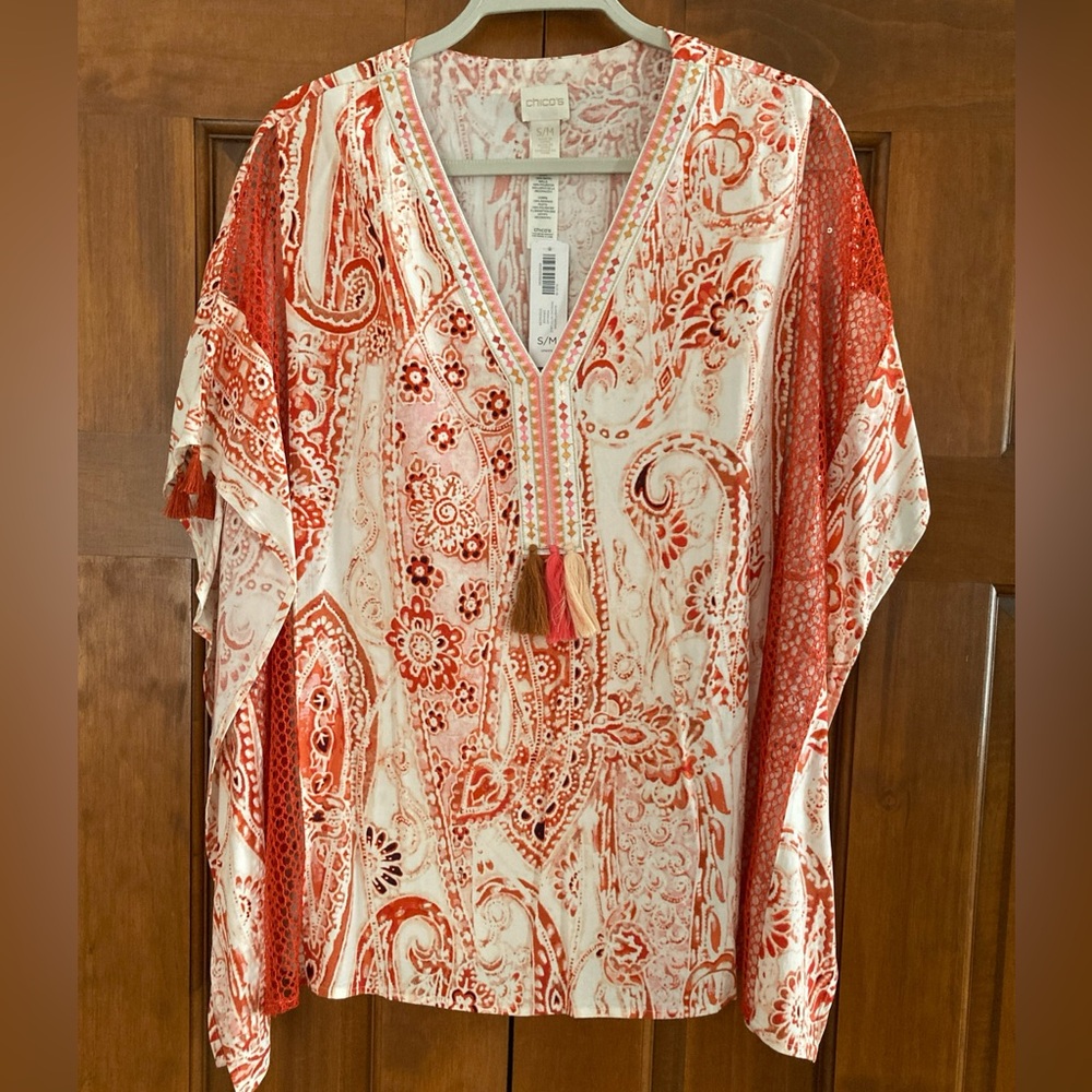 NWR Chico's sunset safari orange and White Paisley poncho top women’s medium